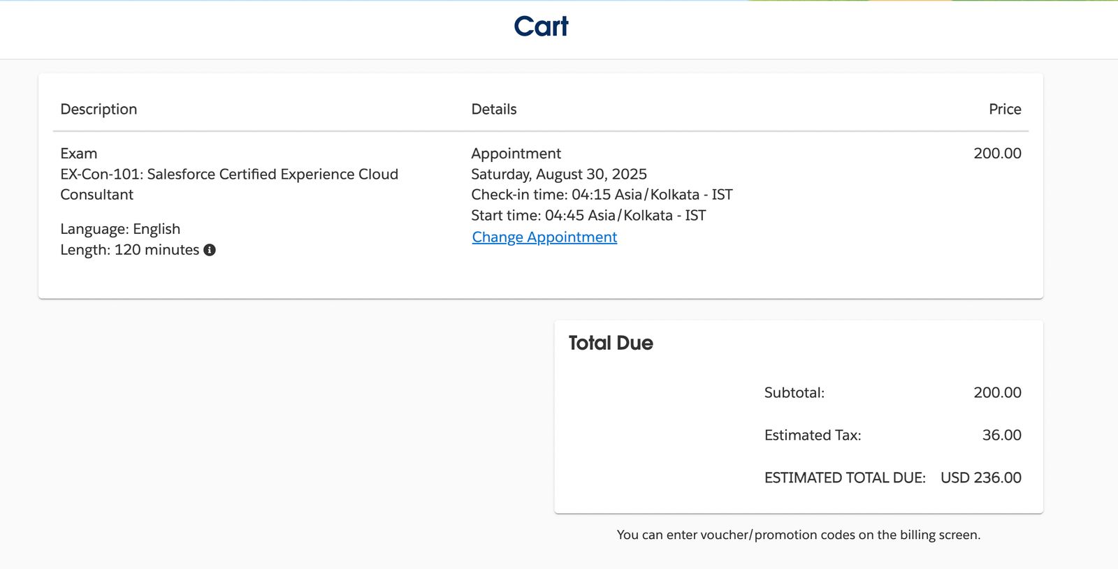 Salesforce Certification Exam on Trailhead Academy- Exam payment page